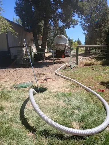 Septic tank being pumped; hose connected to open tank access in yard, truck in background.