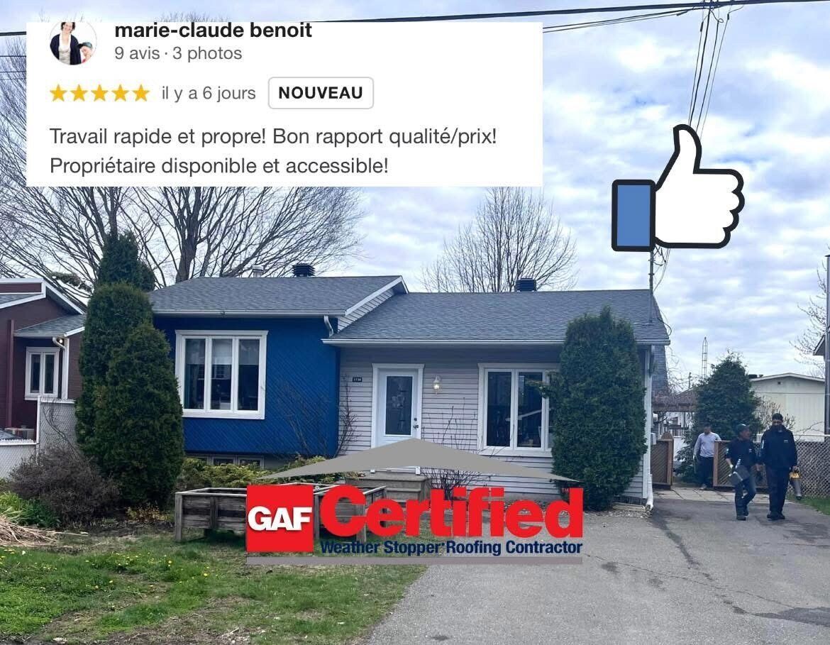 Une petite maison avec une partie peinte en bleu, un avis sur Facebook et le logo GAF Certified.