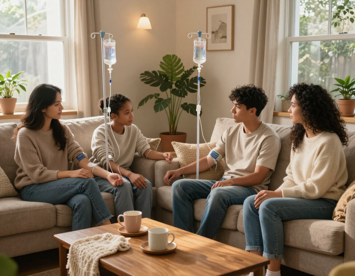 Group of friends relaxing together during an at-home IV therapy session