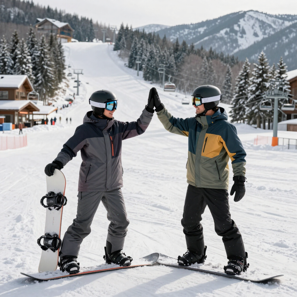 Two snowboarders high-five beside their boards on a snowy mountain slope