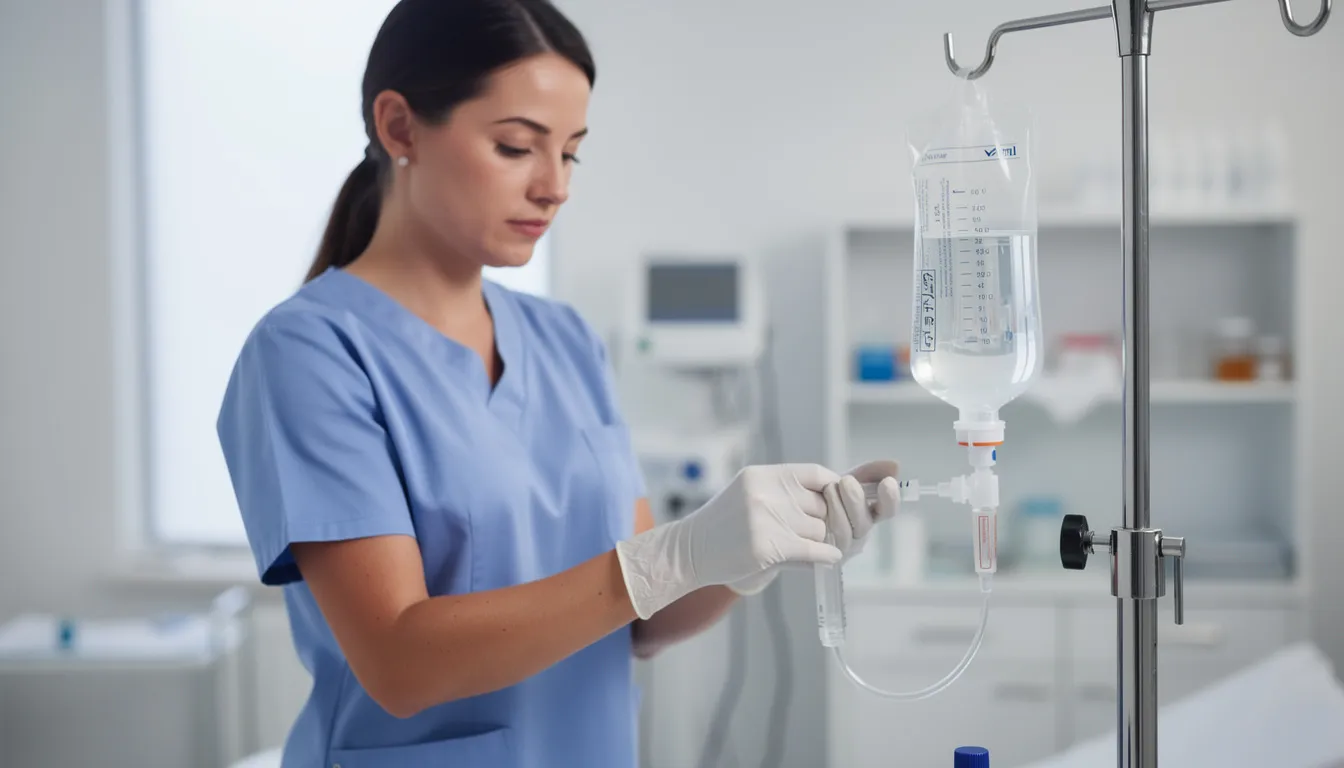 A medical professional is seen in a clean clinical setting, meticulously preparing an IV drip bag filled with essential nutrients for intravenous vitamin therapy. The focus is on the sterile techniques used to ensure the effectiveness of the IV treatment, aimed at enhancing overall well-being and supporting the immune system.