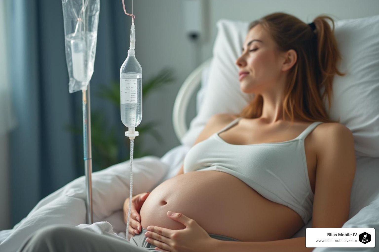 Pregnant woman resting in a hospital bed with an IV drip nearby