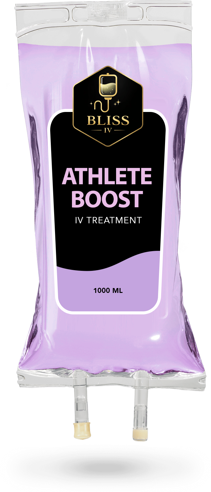 Purple liquid pouch labeled “Athlete Boost” with two spouts at the bottom
