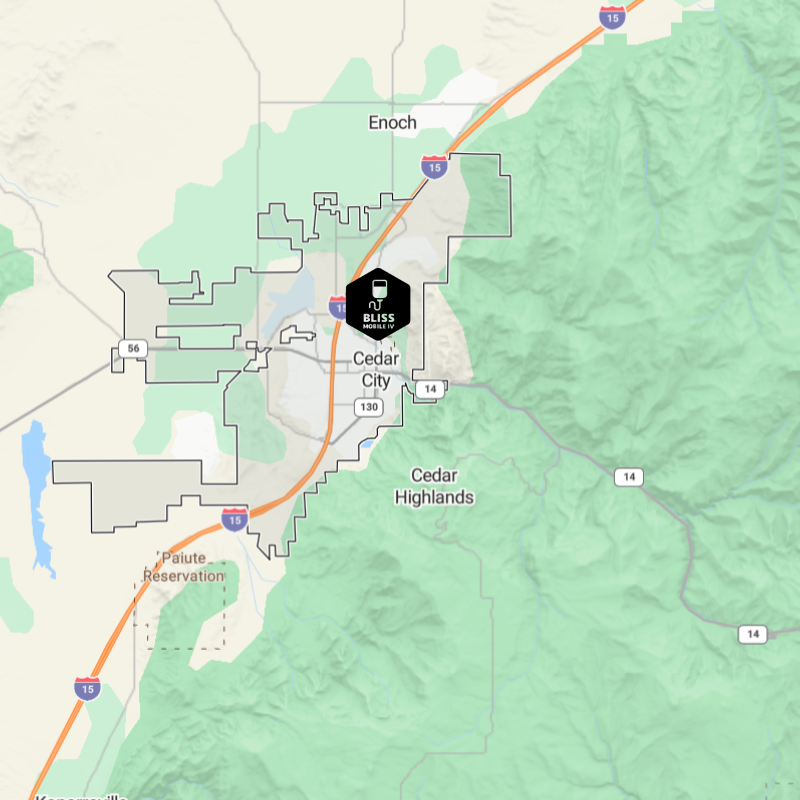 Map centered on Cedar City, Utah, with roads, green terrain, and a shaded route overlay.