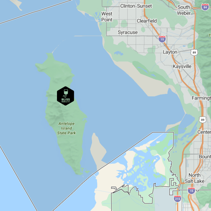 Map of Salt Lake City area with Antelope Island marked in the Great Salt Lake.