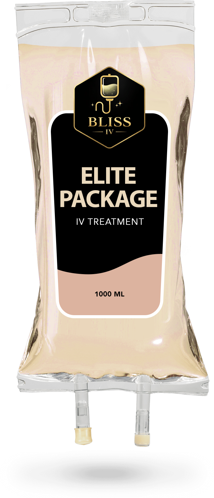 Bliss Elite Package IV bag with clear fluid and black label, hanging on a white background