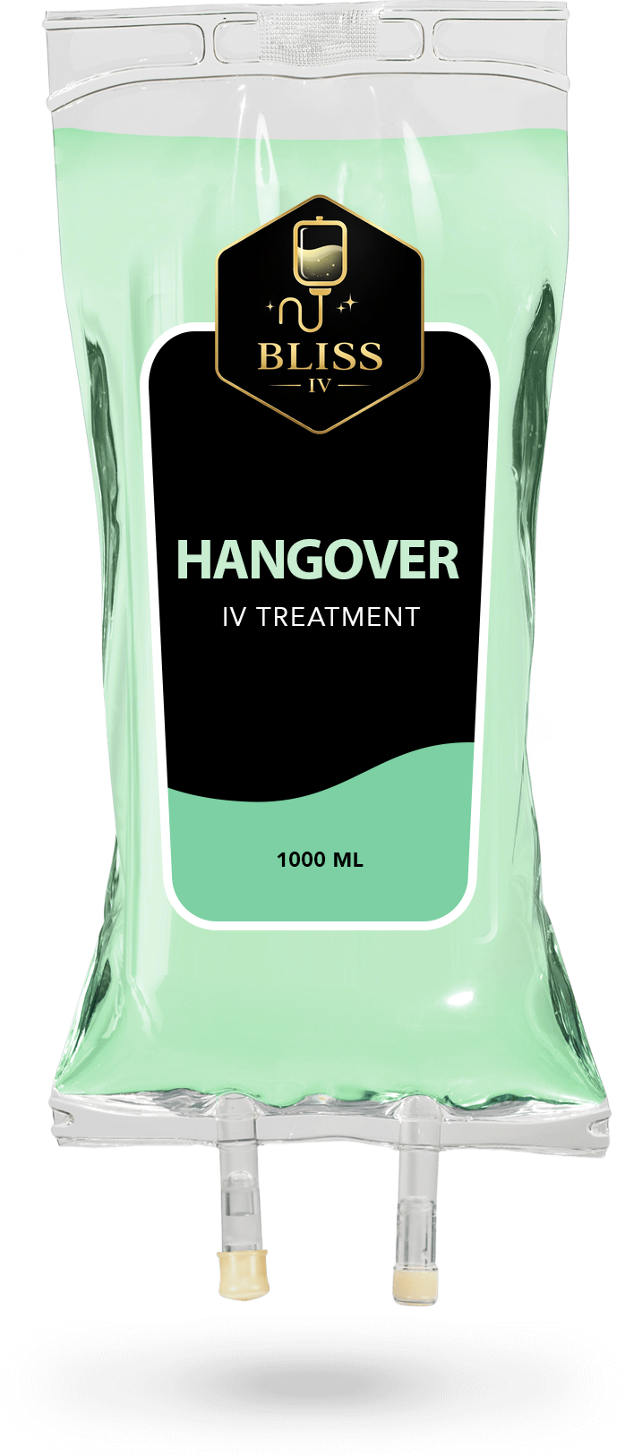 Clear IV bag with mint-green liquid labeled “BLISS,” “HANGOVER,” and “HYDRATION,” with drip ports at bottom