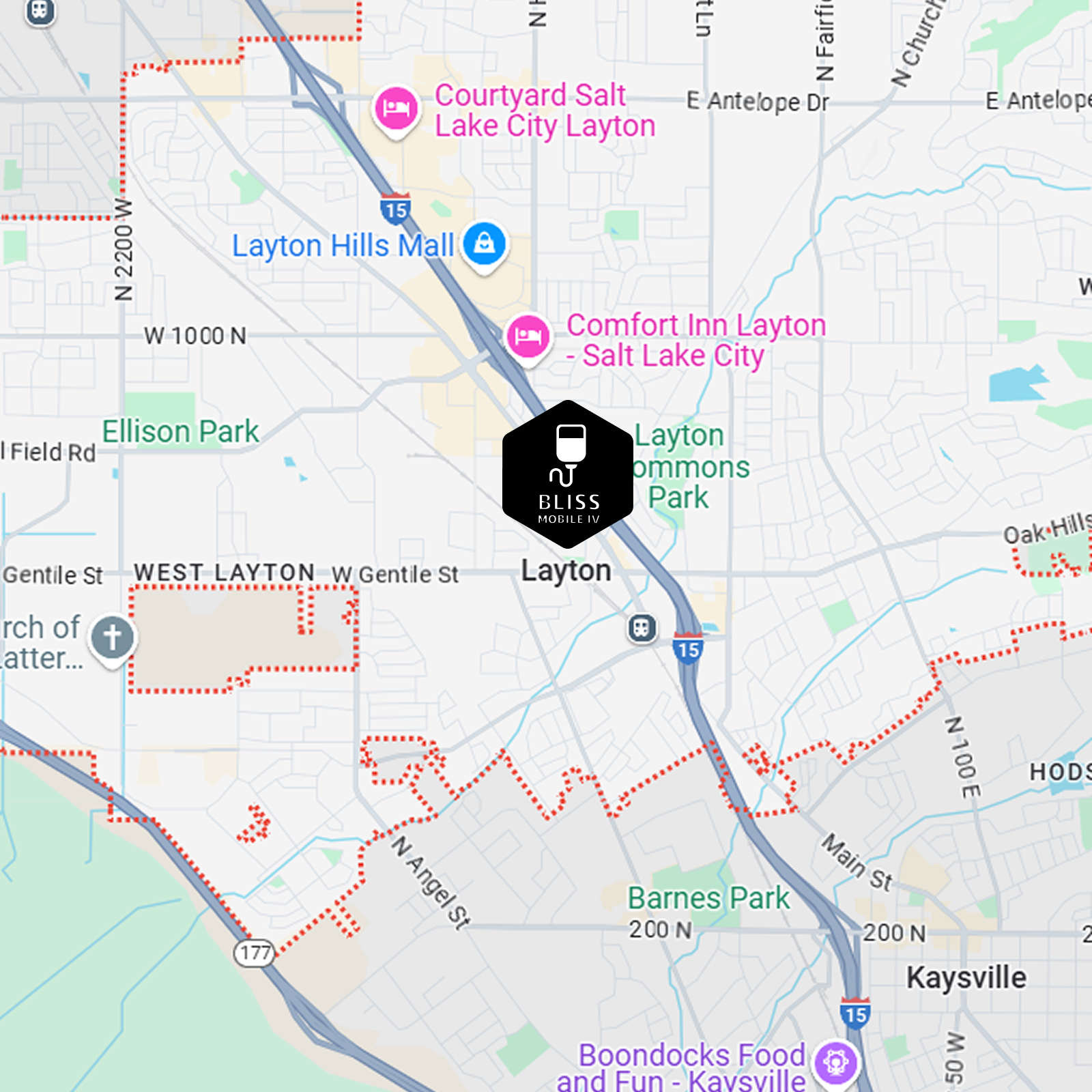 Map centered on Layton, Utah, with nearby parks, hotels, and roads marked.