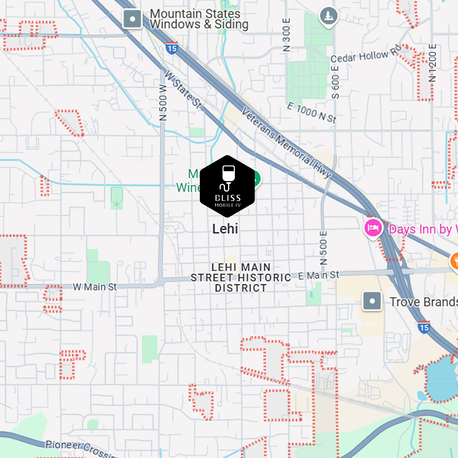Map centered on Lehi Main Street Historic District with a black BUS STOP marker near I-15.