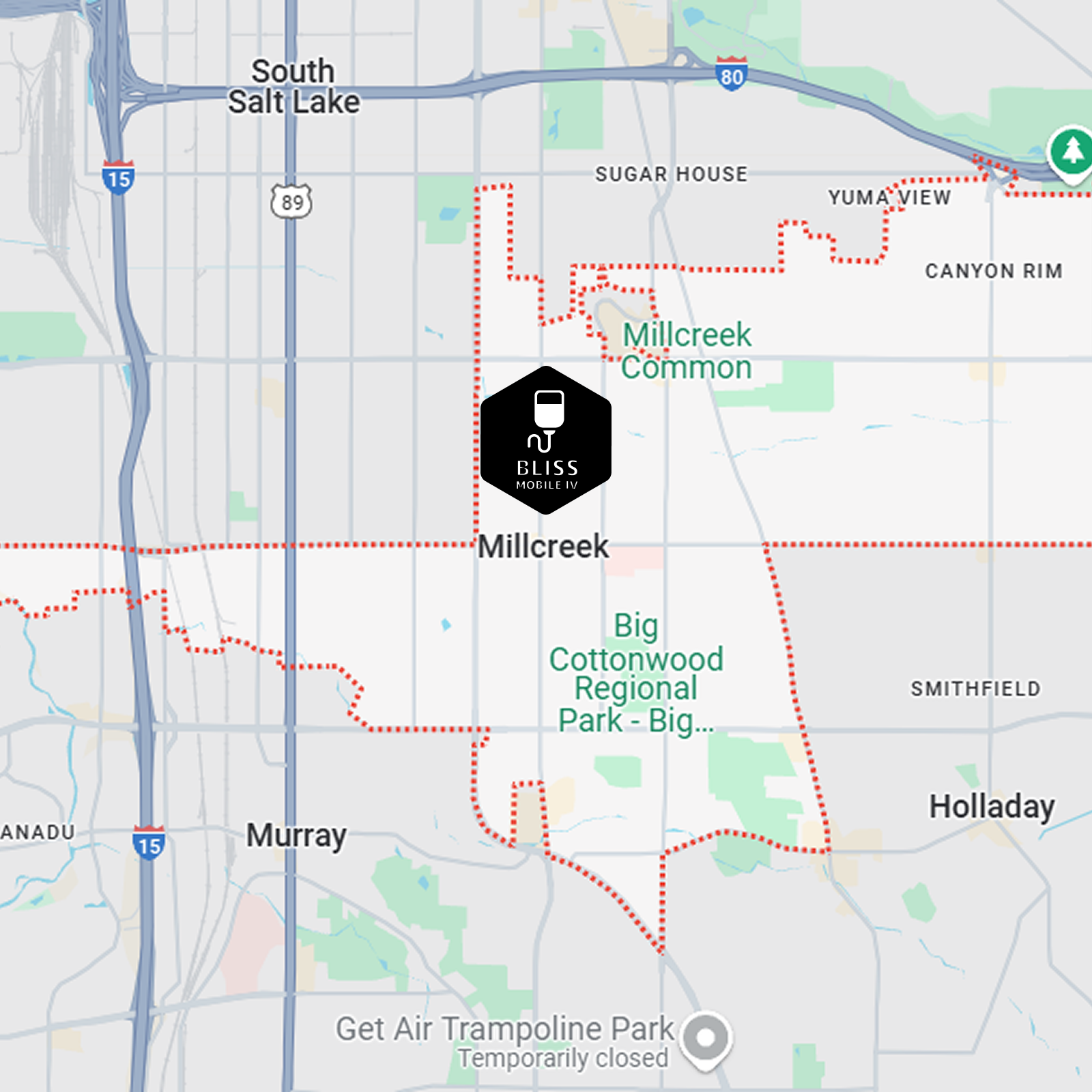 Map showing Millcreek, Utah with a black pin labeled “Fitness” near Millcreek Common and Big Cottonwood Regional Park.