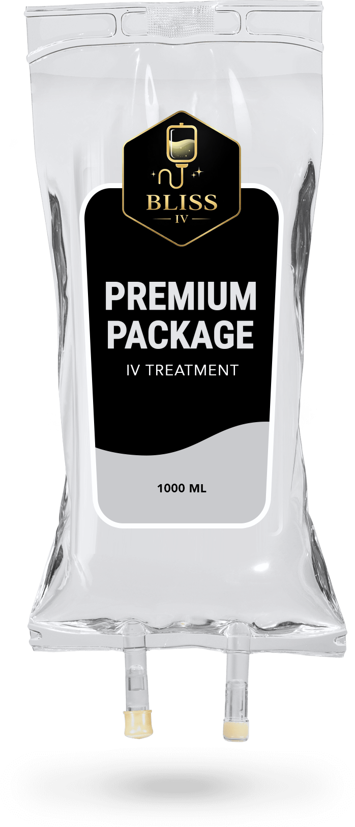 White sealed package with a black label reading “BLISS Premium Package” and two small spouts at the bottom