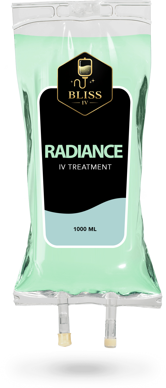 Mint-green BLISS Radiance IV drip bag with black label and hanging ports