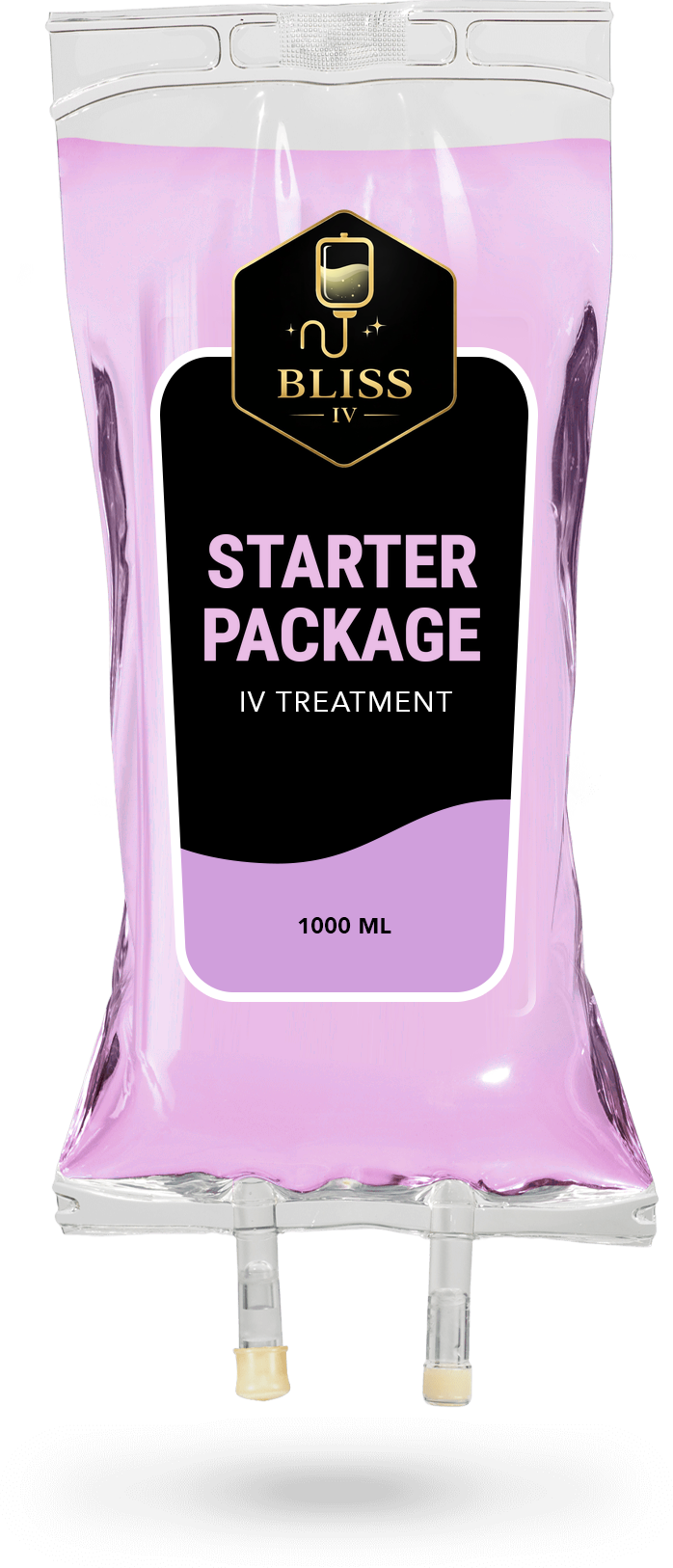 Pink IV hydration bag labeled “Starter Package” with “bliss,” shown with tubing ports at the bottom