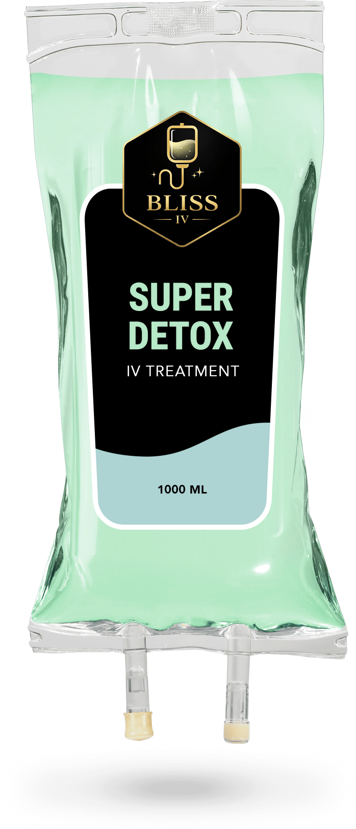 Mint-green detox drink pouch with a black label reading “SUPER DETOX” and a gold logo.