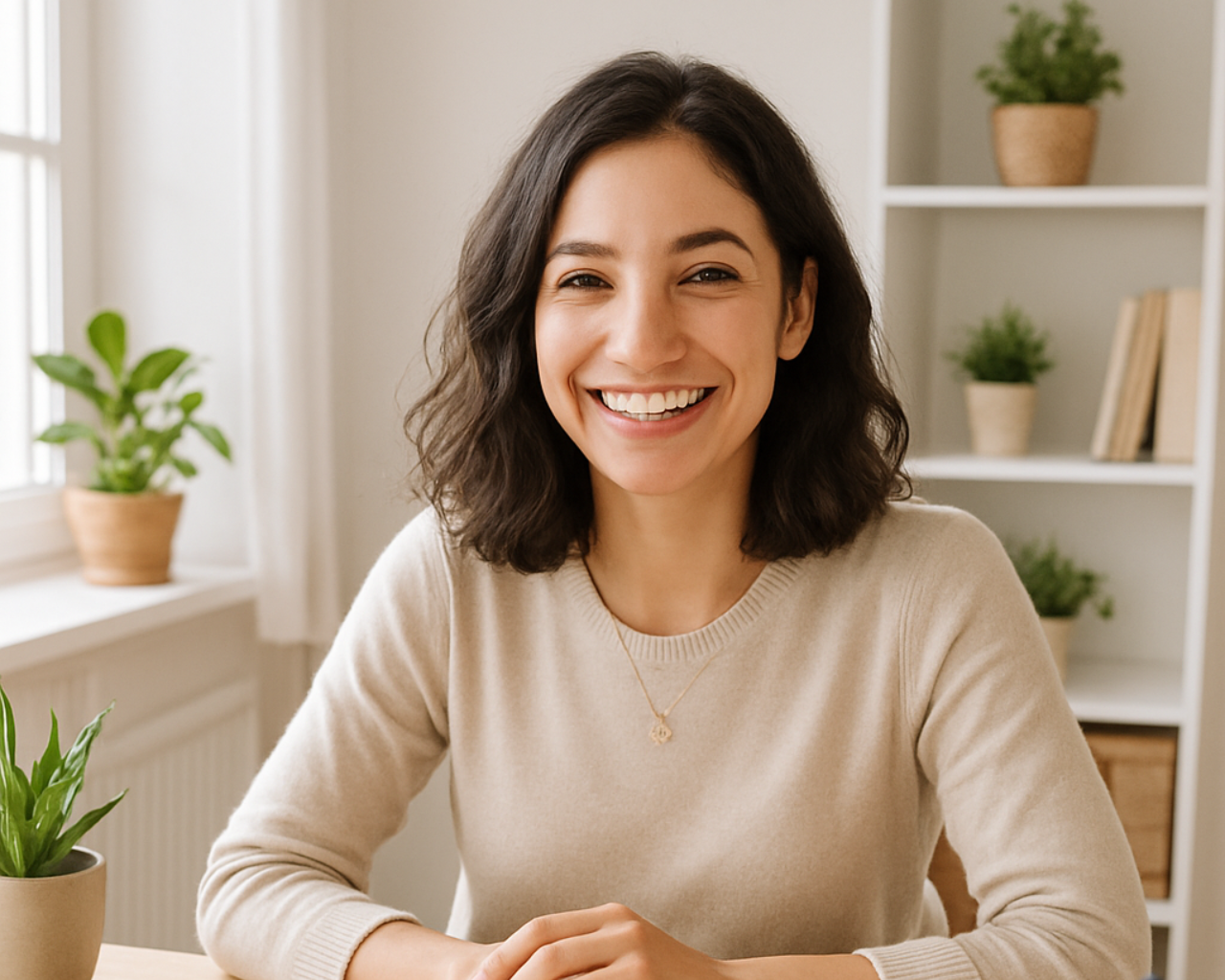 Smiling woman seated at a desk in a bright room with potted plants and shelves in the background