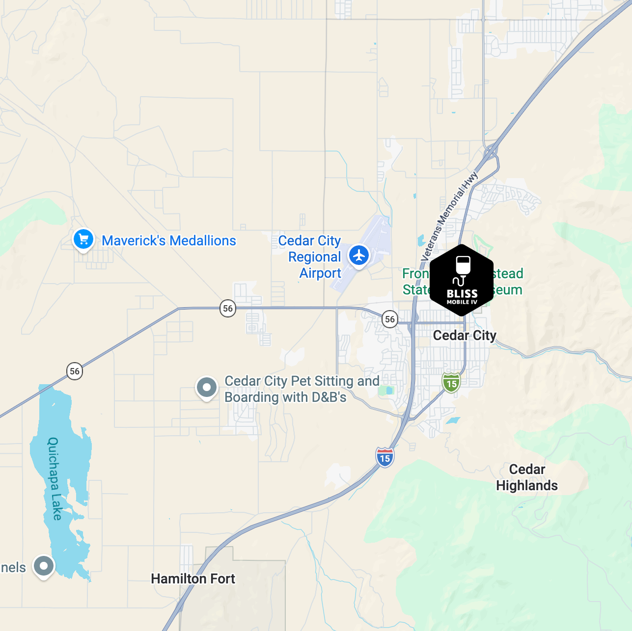 Map of Cedar City, Utah, with a black marker near downtown and nearby landmarks labeled