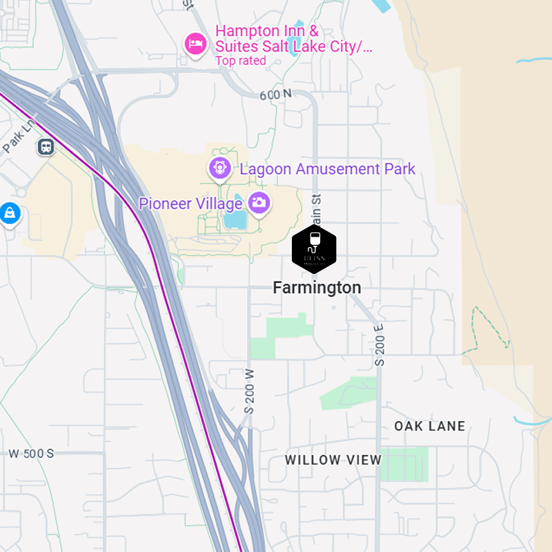 Map showing Farmington, Utah, with Lagoon Amusement Park and nearby roads highlighted.