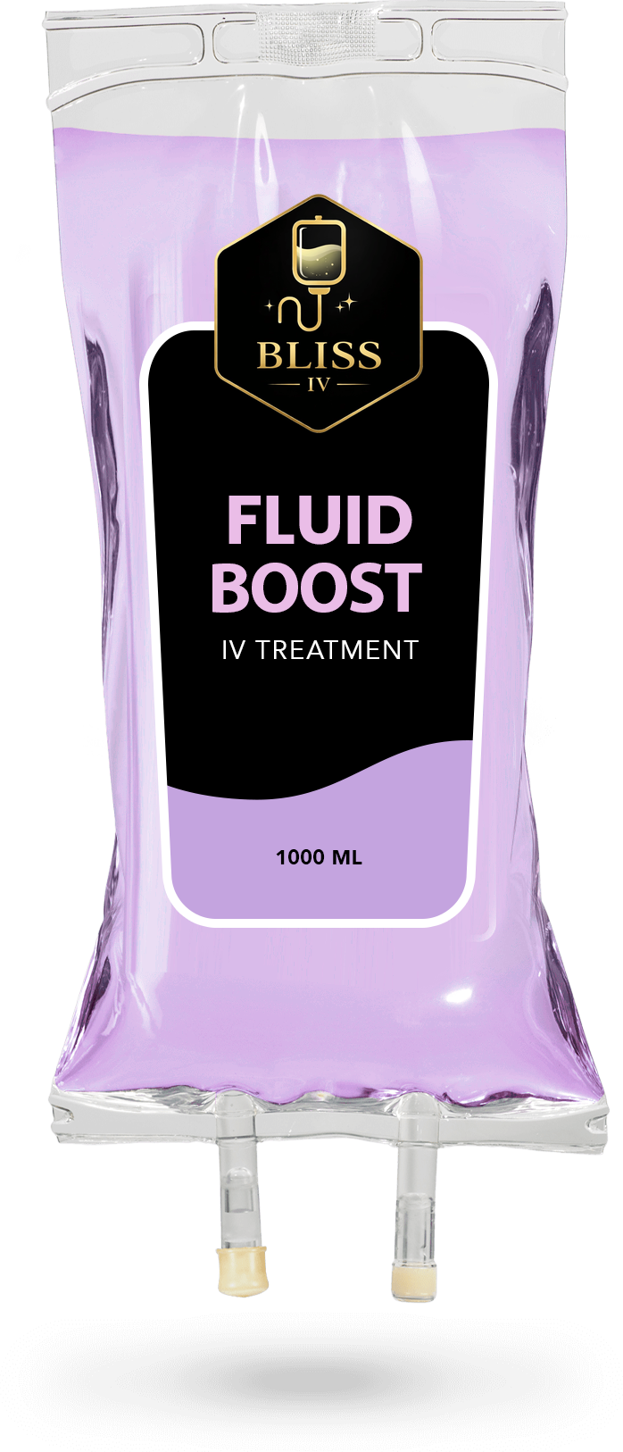 Pink IV fluid bag labeled “FLUID BOOST” with two white outlets at the bottom
