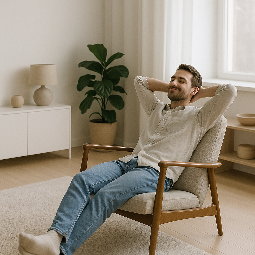 Relaxing in a beige living room, a smiling person reclines in a wooden armchair with hands behind their head.