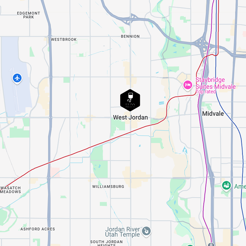 Map of West Jordan, Utah, with a black location pin near the center and nearby highways and neighborhoods.