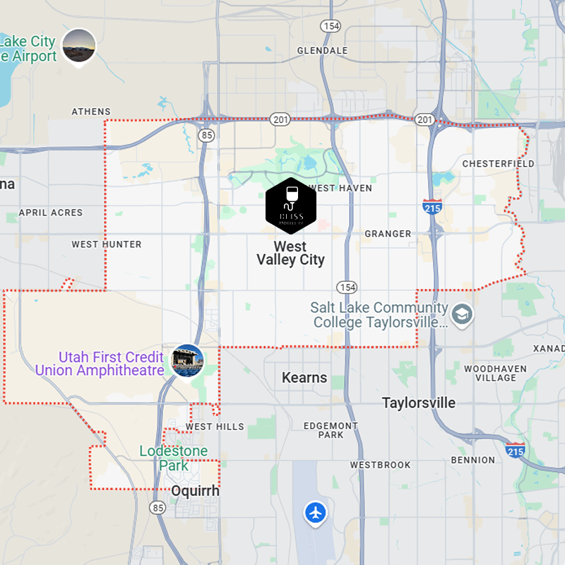 Map of West Valley City, Utah with nearby neighborhoods and landmarks marked in purple and red.