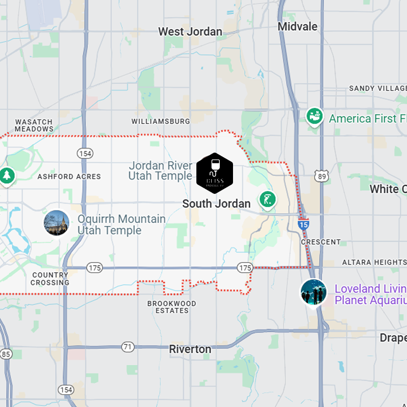 Map of South Jordan, Utah with neighborhood labels and a highlighted boundary area.