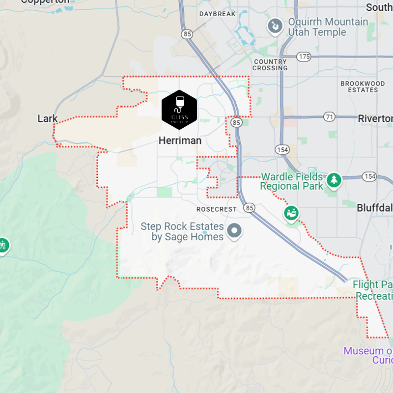 Map showing Herriman city boundary outlined in red, with nearby roads, parks, and landmarks labeled.