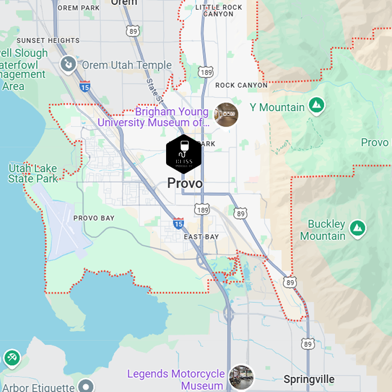 Map of the Provo, Utah area showing roads, landmarks, and nearby mountains and lakes.