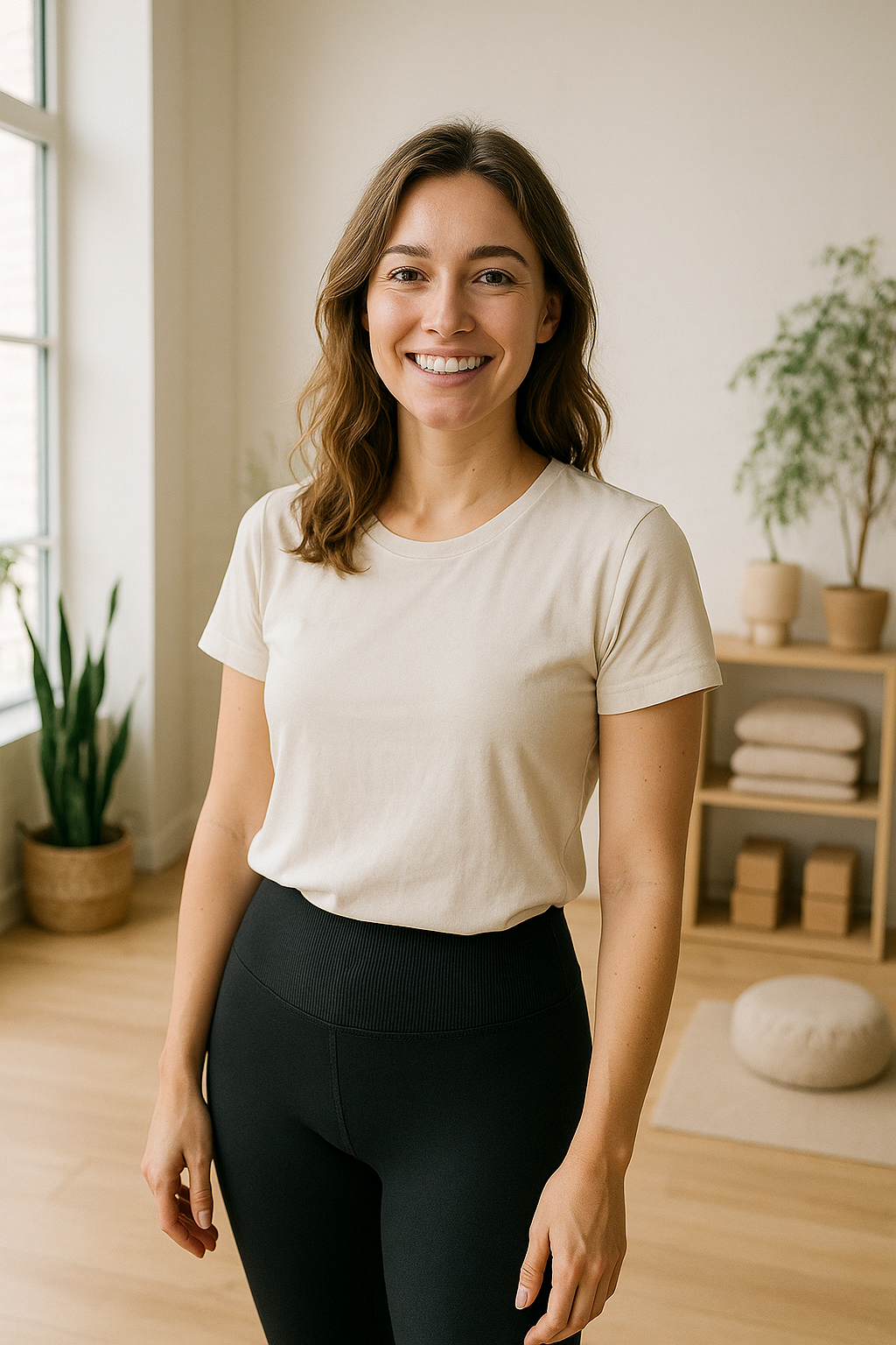 Smiling woman in a beige shirt and black pants standing in a bright room with plants and wooden furniture