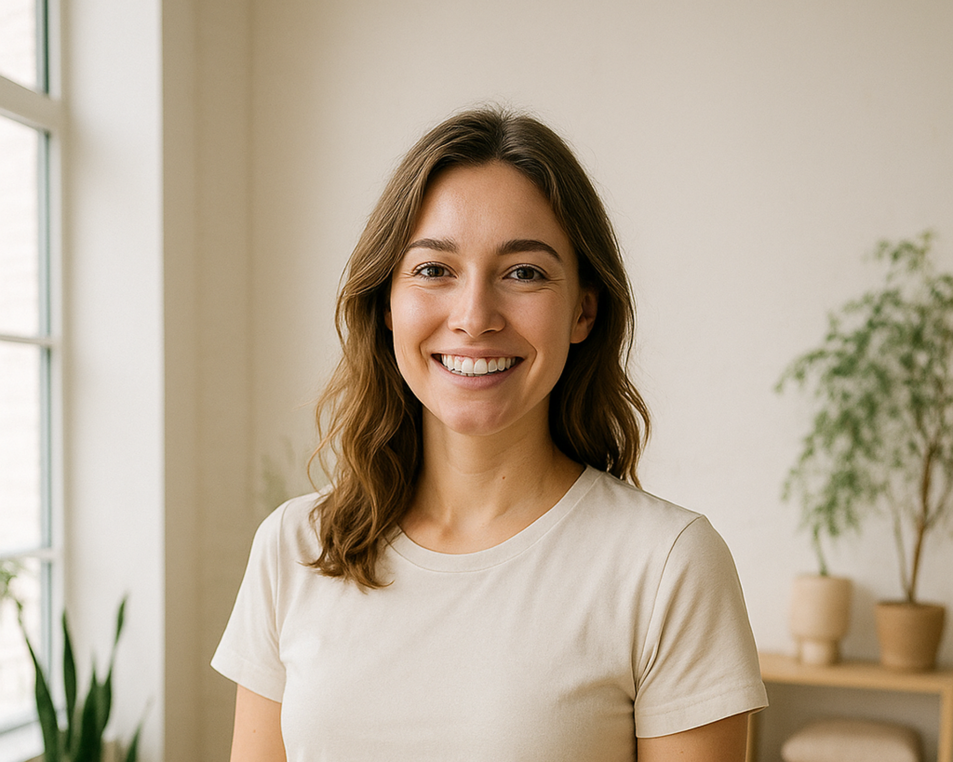 Smiling woman in a white shirt standing in a bright room with a plant and window