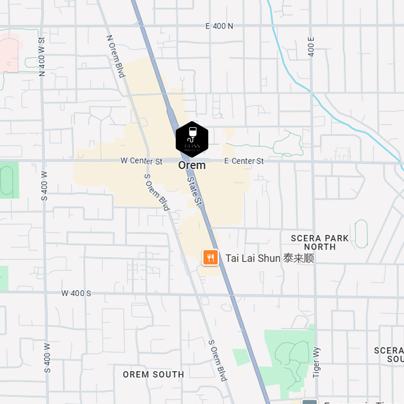 Map of Orem, Utah with a location marker near Orem Center Street and Tai Sai Shun restaurant