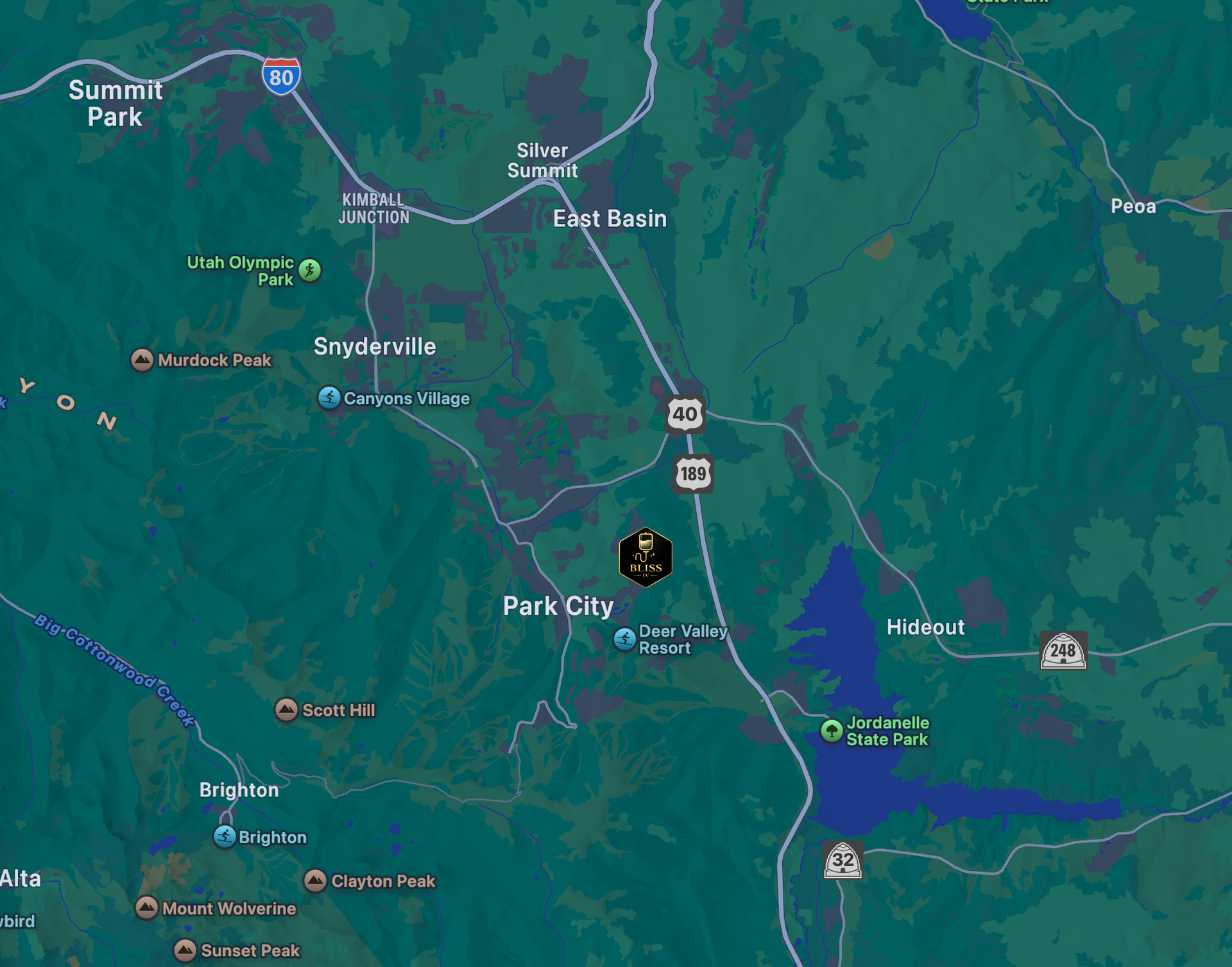 Dark green map with roads, river, and place labels; a location marker is centered near the middle.