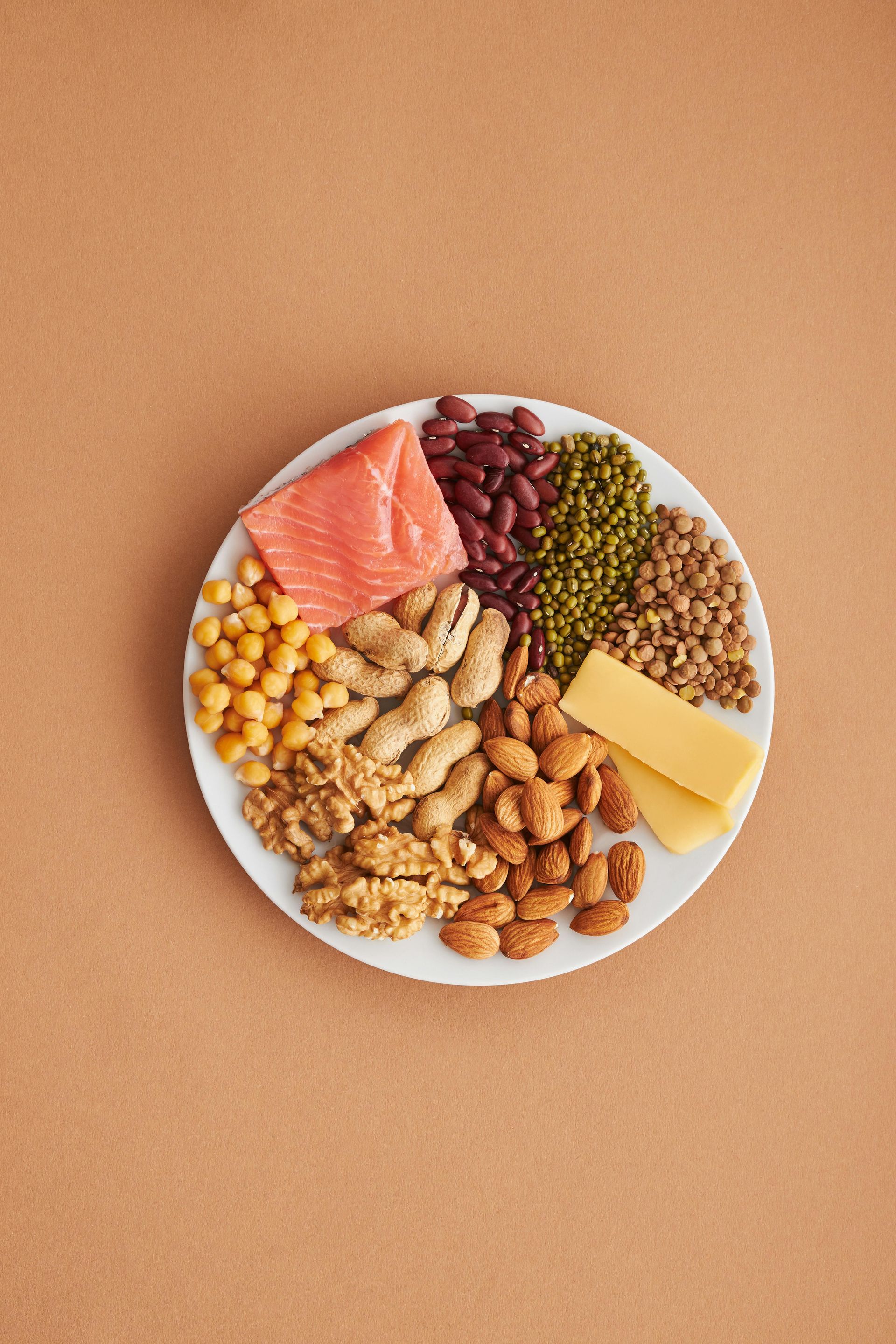 Plate of protein-rich foods: salmon, beans, lentils, nuts, chickpeas, and cheese on a beige background.