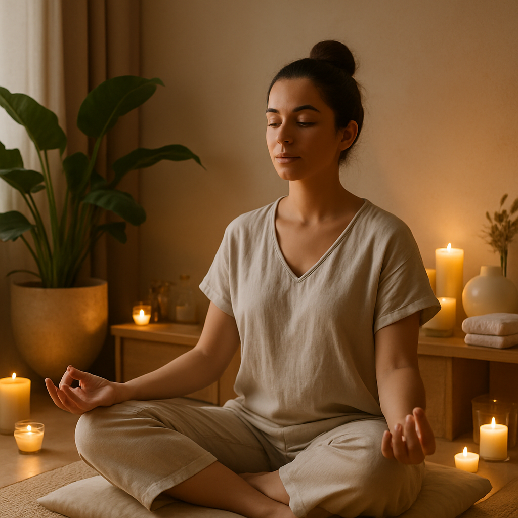 Person meditating cross-legged amid lit candles in a calm, warm-toned room