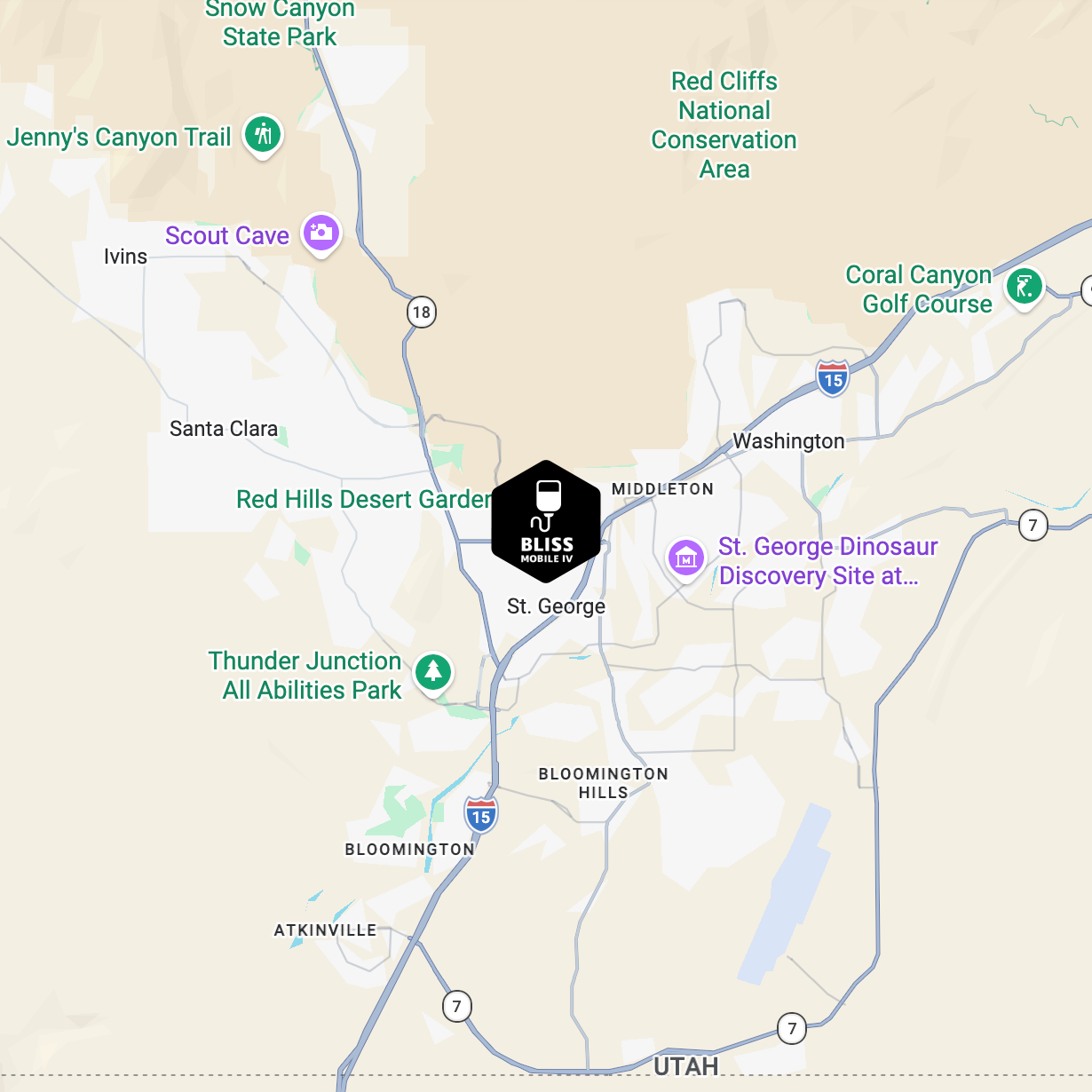 Map showing St. George, Utah area with parks, highways, and nearby landmarks.