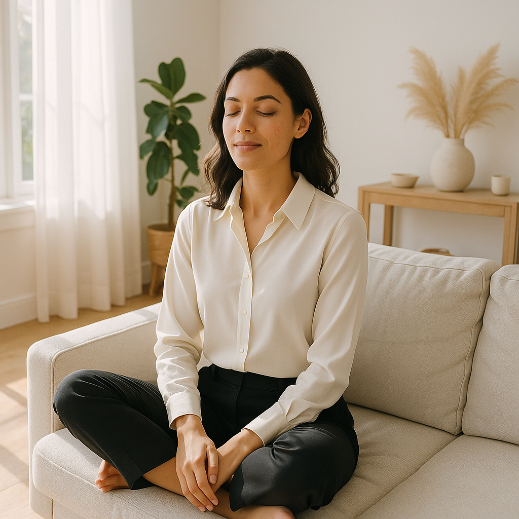 Woman meditating on a sofa in a bright living room with plants and neutral decor