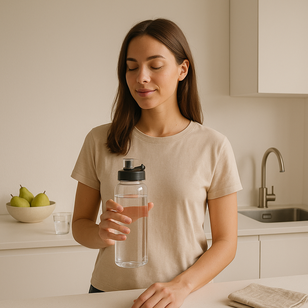 Woman holding a water bottle in a bright kitchen beside a sink and bowl of fruit