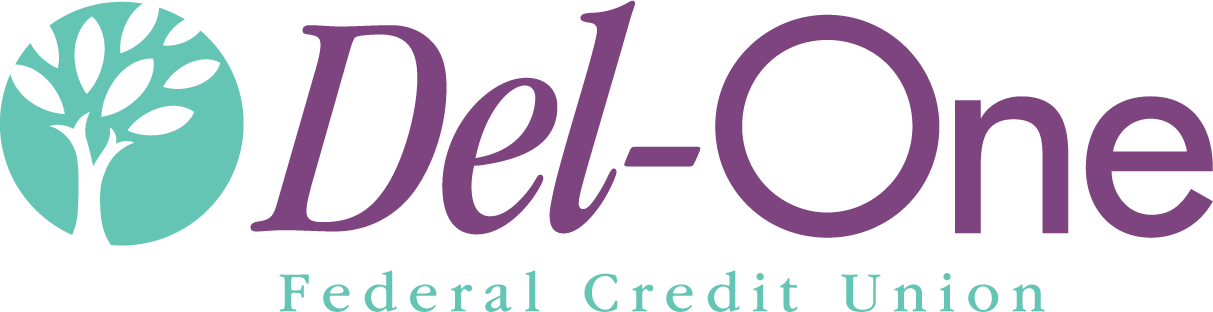 Logo of Del-One Federal Credit Union: teal tree in a circle, purple text.