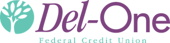Logo of Del-One Federal Credit Union: teal tree in a circle, purple text. 