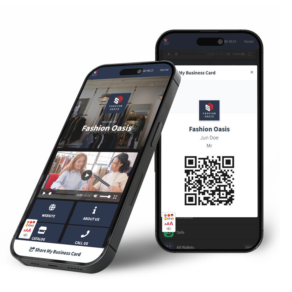 Two smartphones displaying a Fashion Oasis business card and app interface with video and buttons.