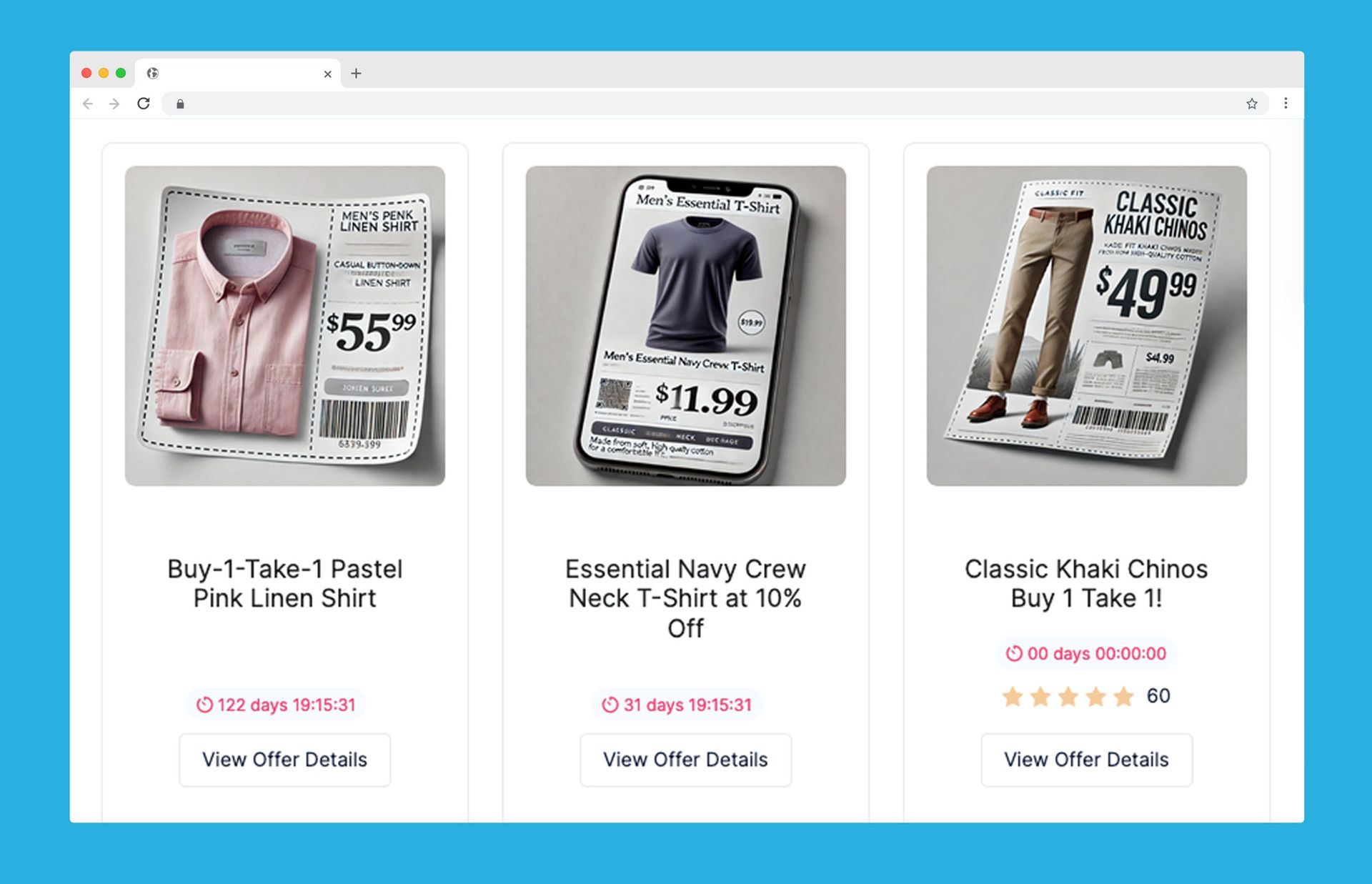 Three product ads: pink shirt, navy t-shirt, khaki pants. Each shows a price or promotion.