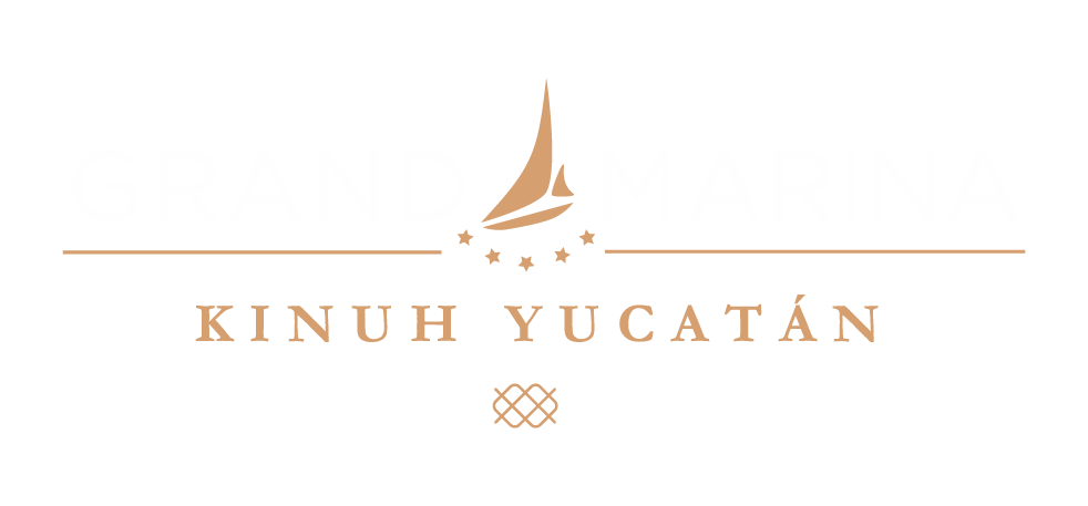 Un logotipo para kinuh yucatan con un velero sobre un fondo blanco.