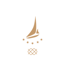 Un logotipo con un velero y estrellas sobre un fondo blanco.