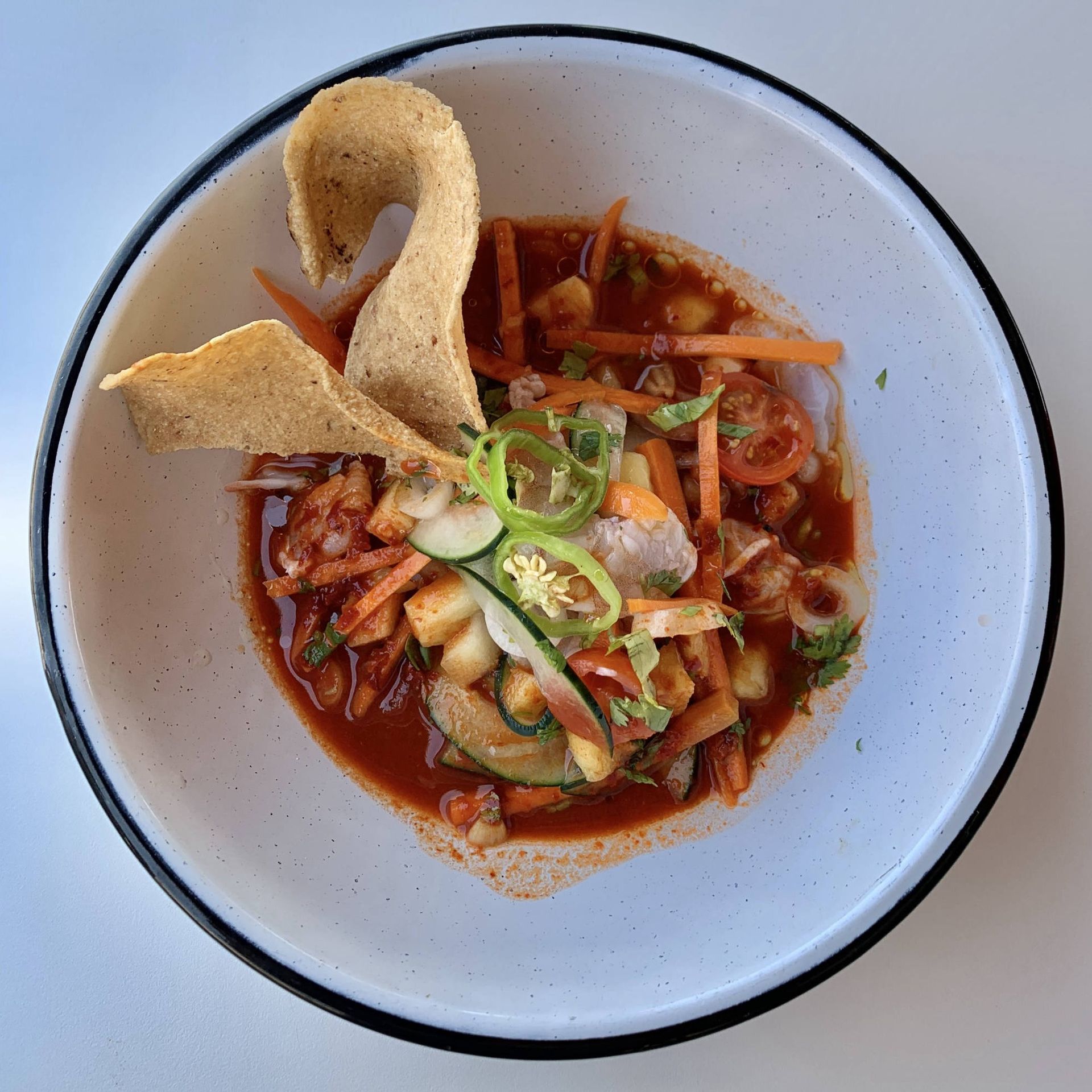Un plato de comida con un chip de tortilla encima