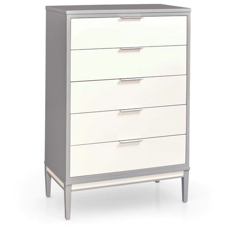 A grey and white chest of drawers with four drawers on a white background.
