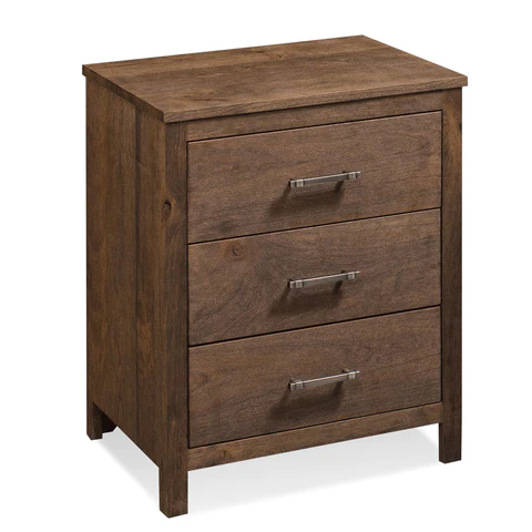 A wooden nightstand with three drawers on a white background.