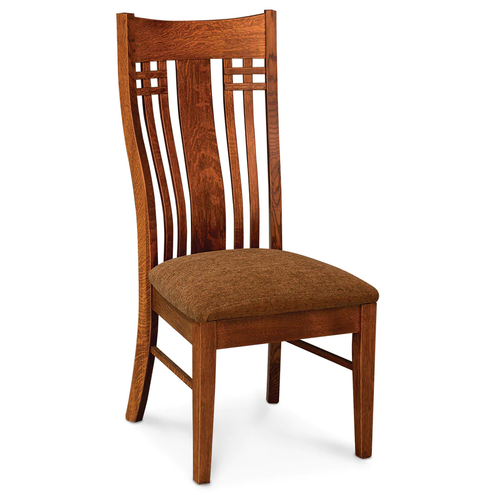 A wooden chair with a brown seat on a white background