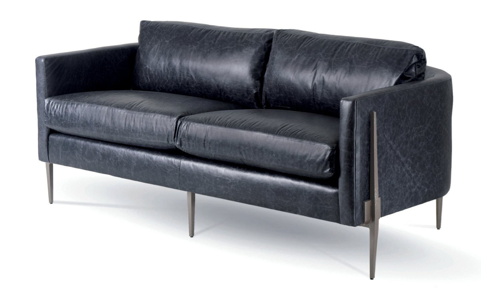 A black leather couch with metal legs on a white background