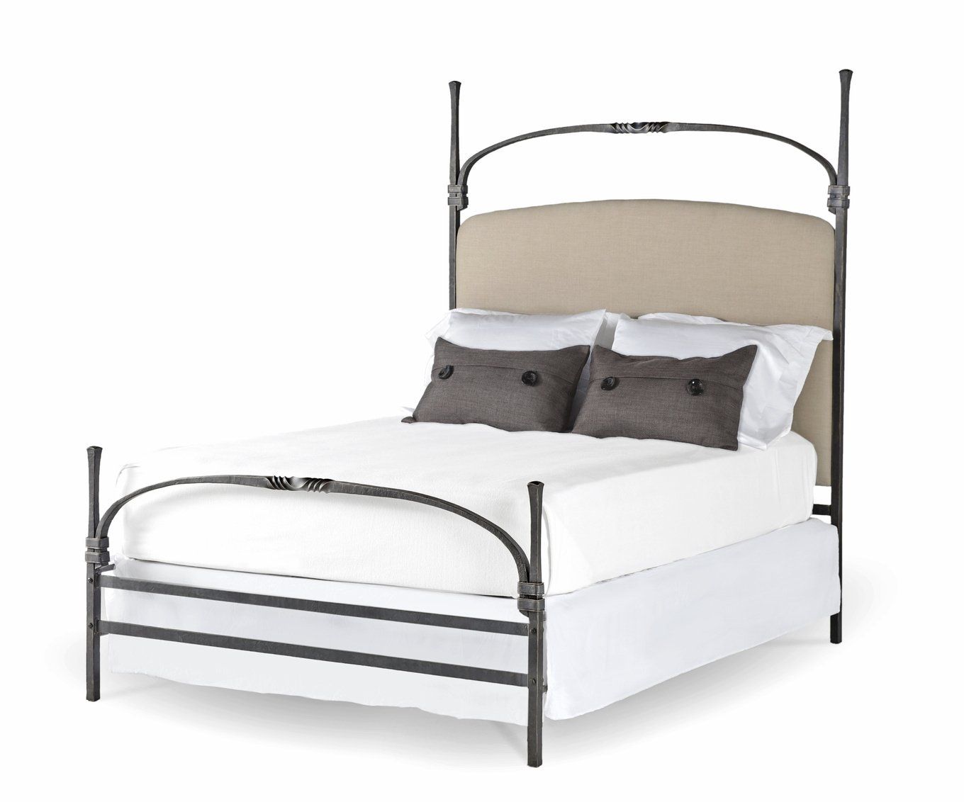 A bed with white sheets and pillows on a white background.