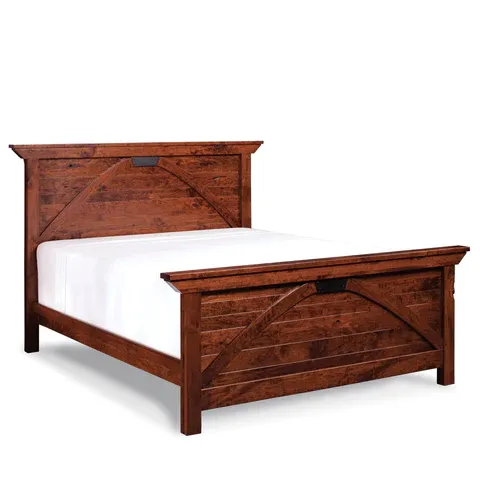 A wooden bed frame with a white mattress on a white background.